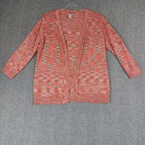 CHICOS WOMENS ORANGE MAROON METALLIC 3/4 SLEEVE OPEN FRONT CARDIGAN SIZE 1/M